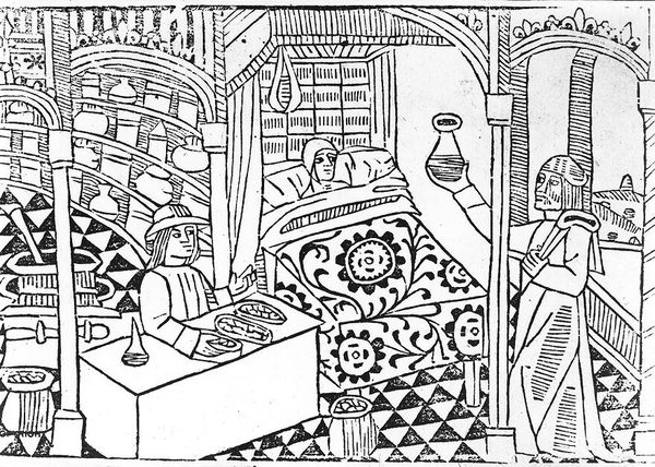 M0013715: Apothecary, patient and physician, 14th century