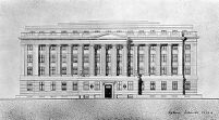 view M0013013: Architect's drawing of the Wellcome Research Institute and a photograph of men next to pillars in workyard to be used in Wellcome building, 183 Euston Road.