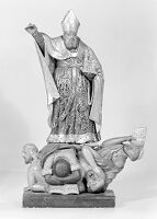 view M0014093: Statue of Saint Augustine of Hippo / M0014094: Statue of Saint Tremeur (also known as Saint Tremorus of Brittany)