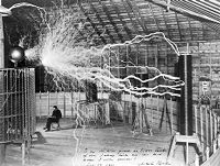 view M0014782: A man, probably Nikola Tesla, with his equipment for producing high-frequency alternating currents