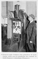 view M0014850: Jacques Arsene D'Arsonval adjusting the spark gap of his high frequency current generator, 1933 / M0014851: Jacques Arsene D'Arsonval with an Oudin resonator attached to his high frequency apparatus / M0014852: Jacques Arsene D'Arsonval's high f