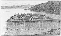 view M0015374: Illustration showing what Swiss prehistoric lake dwellings may have looked like