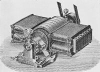 view M0015306: Illustration of an early type of Siemens' Self Exciting dynamo with drum-wound armature and bar commutator, 1873