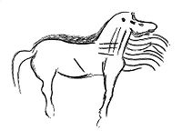 view M0015287: Illustration of a horse found incised in clay in the Cavern of Montespan, France, Upper Palaeolithic period
