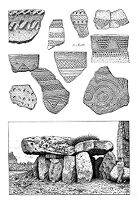 view M0015195: Illustration of pottery ornamentation and the dolmen of Crucuno, Plouharnel, France