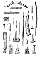 view M0015019: Illustration of prehistoric bronze tools including awls, chisels and saws