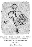 view M0015052: Illustration of a warrior with battle-axe and shield sculpted on rock, Bronze Age
