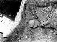 view M0015137: Prehistoric skeleton partially uncovered from a rock shelter, Le roc du Barbeau, France