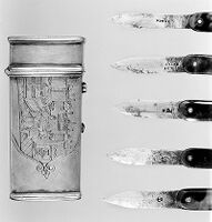 view M0015930: Five lancets and engraved case showing blood letting scene, 18th century
