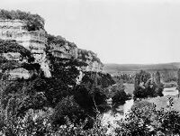 view M0015780: View of huge overhanging rocks and River Vezere at Laugerie-Busse, Tayac