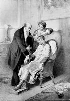 view M0015522: A sick man projects his tongue while a doctor takes his puls