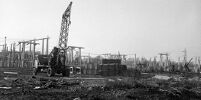 view M0015980: View of Electricity Authority's sub-station occupying site of mere at Sandstone, Iver Heath, November 1955