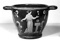 view M0016188EB: Skyphos (wine cup) showing youth with strigil, a woman juggling and palmettes and volutes