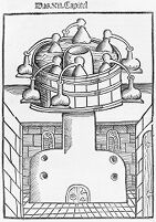 view M0016370: Illustration of distillation over a water bath with six stills in use, 1512