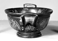 view M0016187EC: Greek Attic skyphos (wine cup),showing Eros pursuing a nymph on each side, 5th century BC