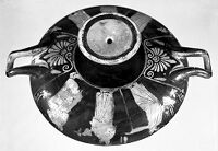 view M0016190EB: Greek Attic kylix (wine cup) decorated with figures of youths, 4th century BC