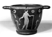 view M0016188EA: Skyphos (wine cup) showing youth with strigil, a woman juggling and palmettes and volutes
