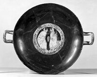 view M0016190EC: Greek Attic kylix (wine cup) decorated with figures of youths, 4th century BC