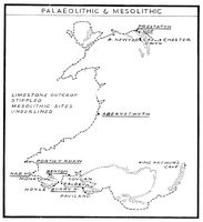 view M0016519: Map showing limestone areas in Wales and their relation to Palaeolithic and Mesolithic sites