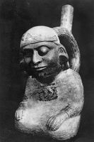 view M0016587: Peruvian vessel in the form of a human figure with a tumour of the eyeball