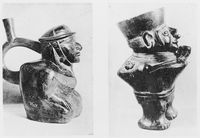 view M0016590: Two Peruvian pots in the form of a human figure with eczema and a human figure being massaged