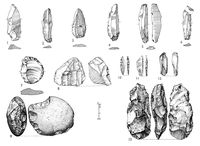 view M0017254: Illustration of a series of stone implements from a Mesolithic site at Sandstone, Iver, Buckinghamshire