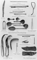 view M0017572: Wellcome Historical Medical Museum display of Greco-Roman surgical and toilet instruments found at Thebes