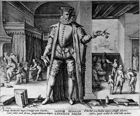 view M0017151: A physician holding out a pair of scissors, Hendrick Goltzius, , 1587