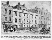 view M0018643: Original Middlesex Infirmary, opened in 1745 in Windmill Street, c.1840