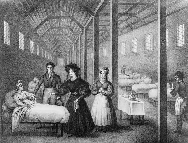 M0018863: A French lady visiting cholera sufferers in hospital, lithograph