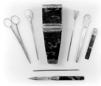 view M0018439: Pocket surgical instrument case with instruments, 1707