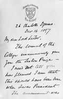 view M0019503EA: Letter to Joseph Lister announcing the award of the Liston Prize to him by the Royal College of Surgeons of Edinburgh, 1897: first page