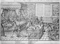 view M0019802: King Henry II of France on his deathbed, with members of the royal family and the royal household in attendance, woodcut