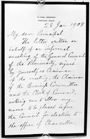 view M0019512EA: Letter from Joseph Lister to the University of Glasgow, 1908: first page