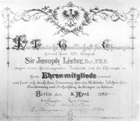 view M0019489: Joseph Lister's certificate of honorary membership of Die Deutsche Gesellschaft fur Chirurgie, 8 April 1885